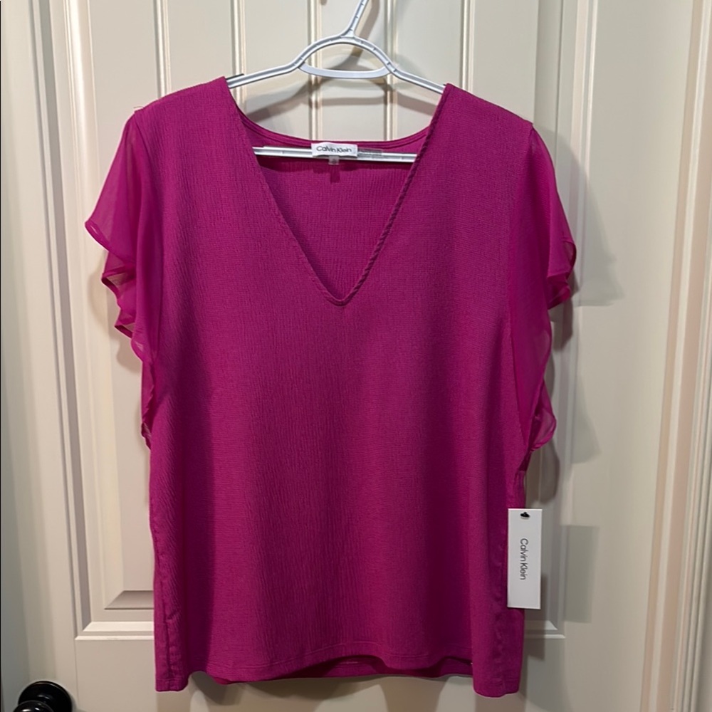 Calvin Klein Pink Ruffled Flutter Sleeve Top